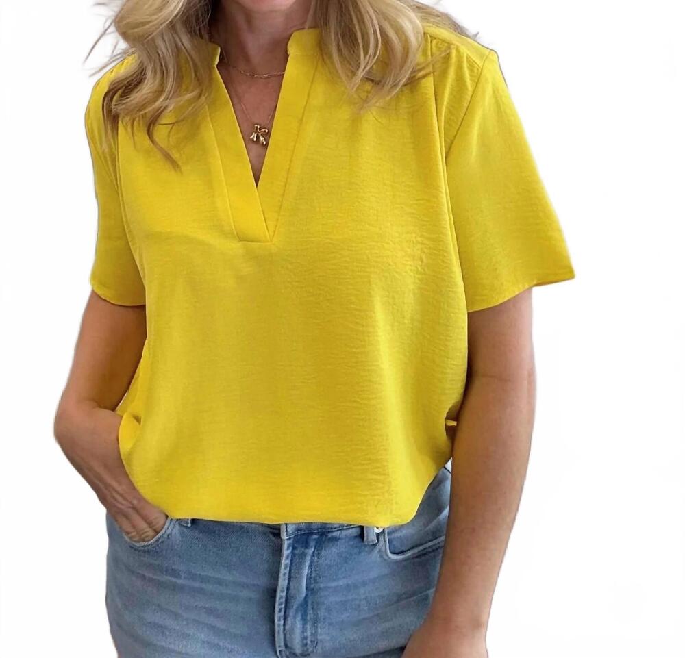 NEW ENTRO v-neck top with gathered detail at shoulders in yellow